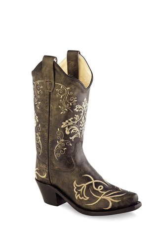 Old West Brown Kids Girls Leather 8in Floral Cowboy Boots