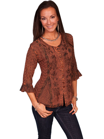 Scully Honey Creek Womens Blouse Copper 100% Rayon Embroidered 3/4 Sleeve