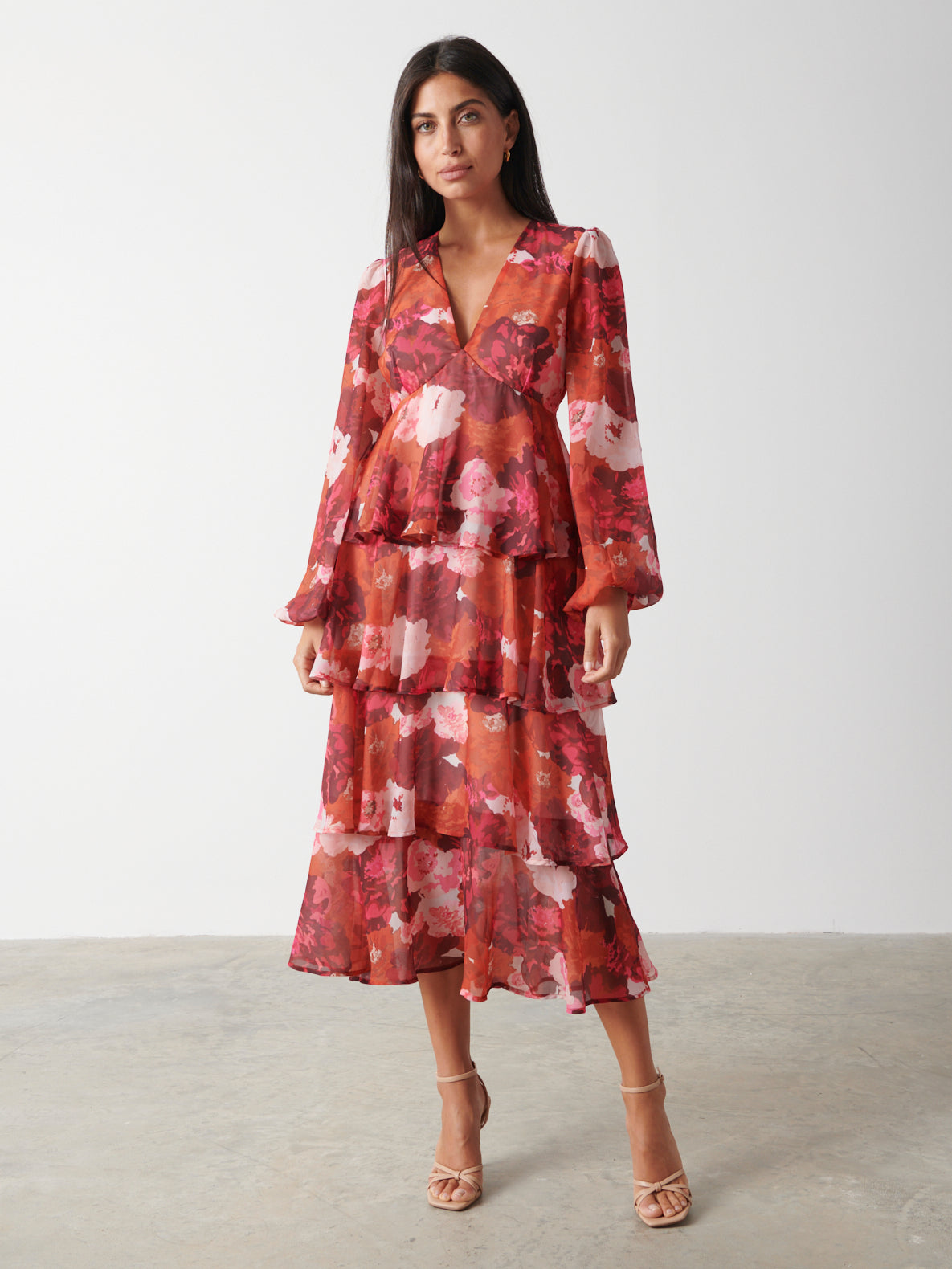Ashton Ruffle Midi Dress - Orange and Wine Floral, 10