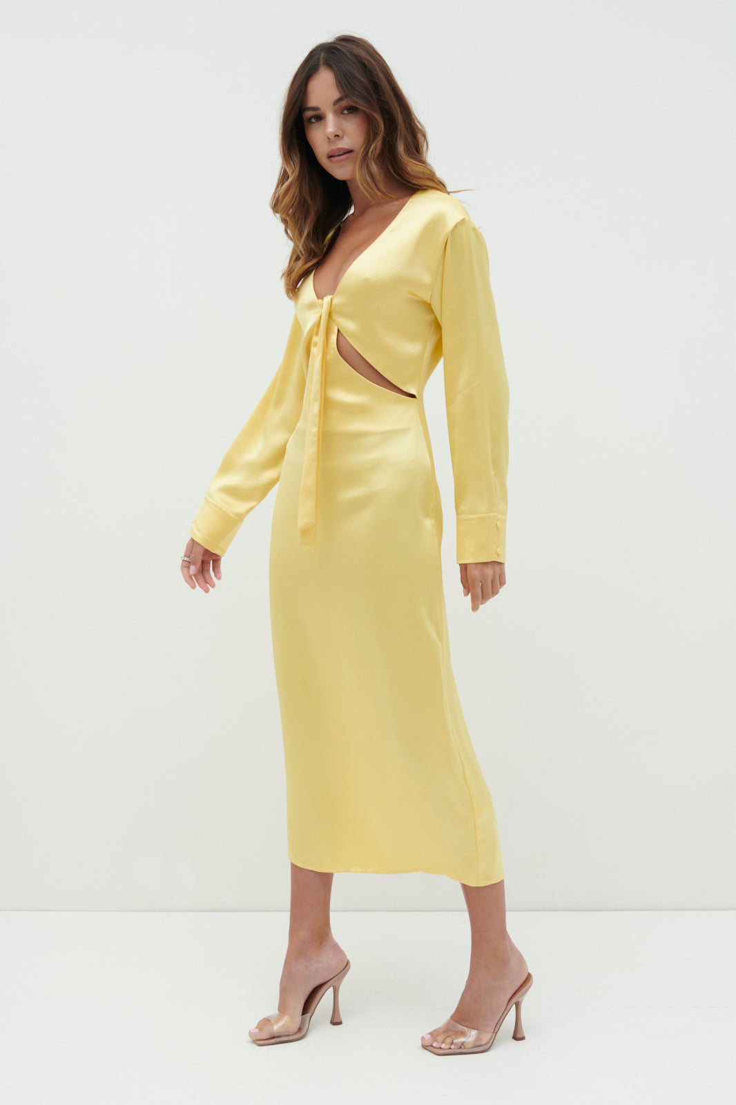 Rosslyn Tied Long Sleeve Midaxi Dress - Lemon, 8