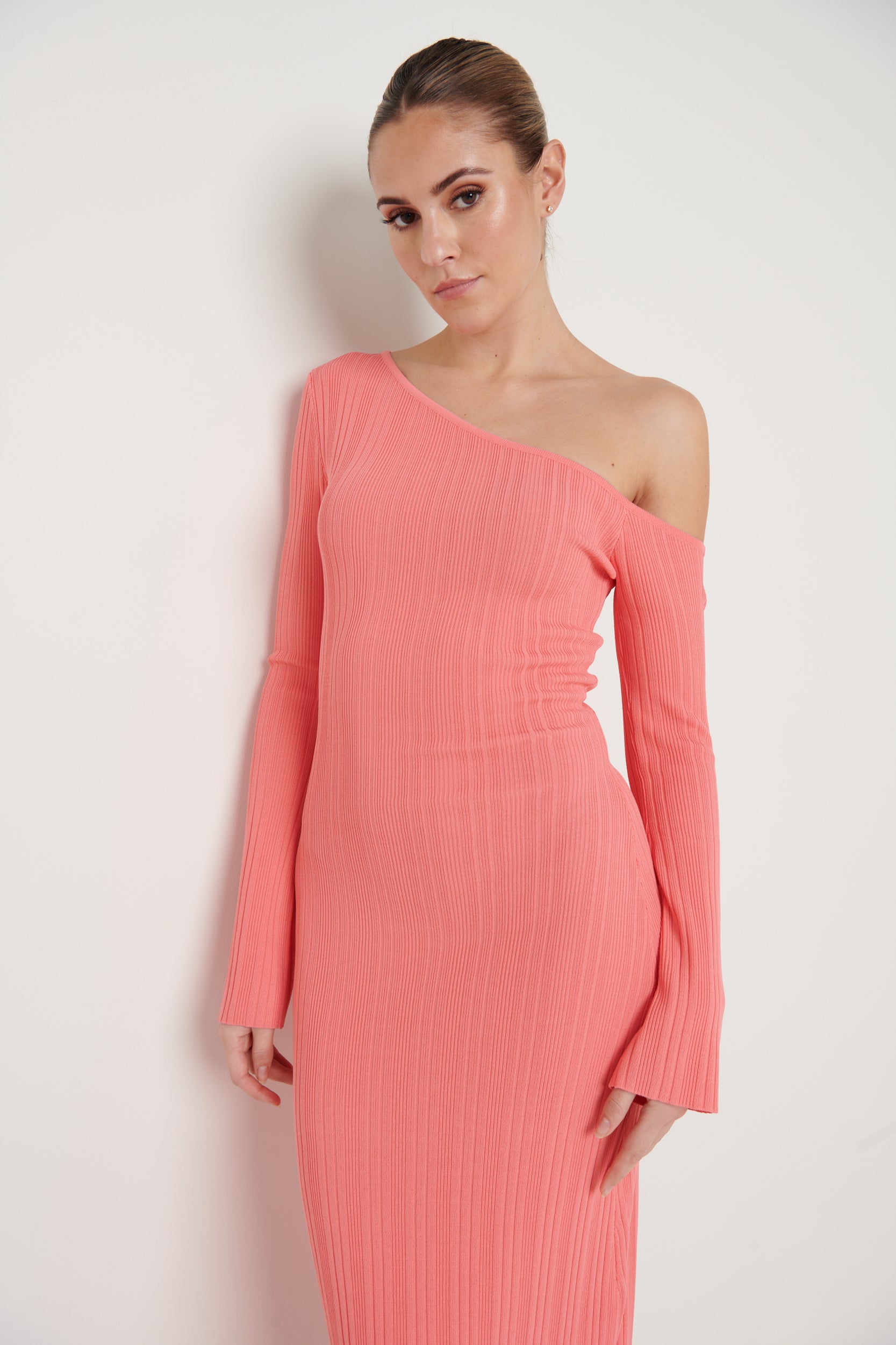 Anouska Asymmetric Knit Dress - Coral, M