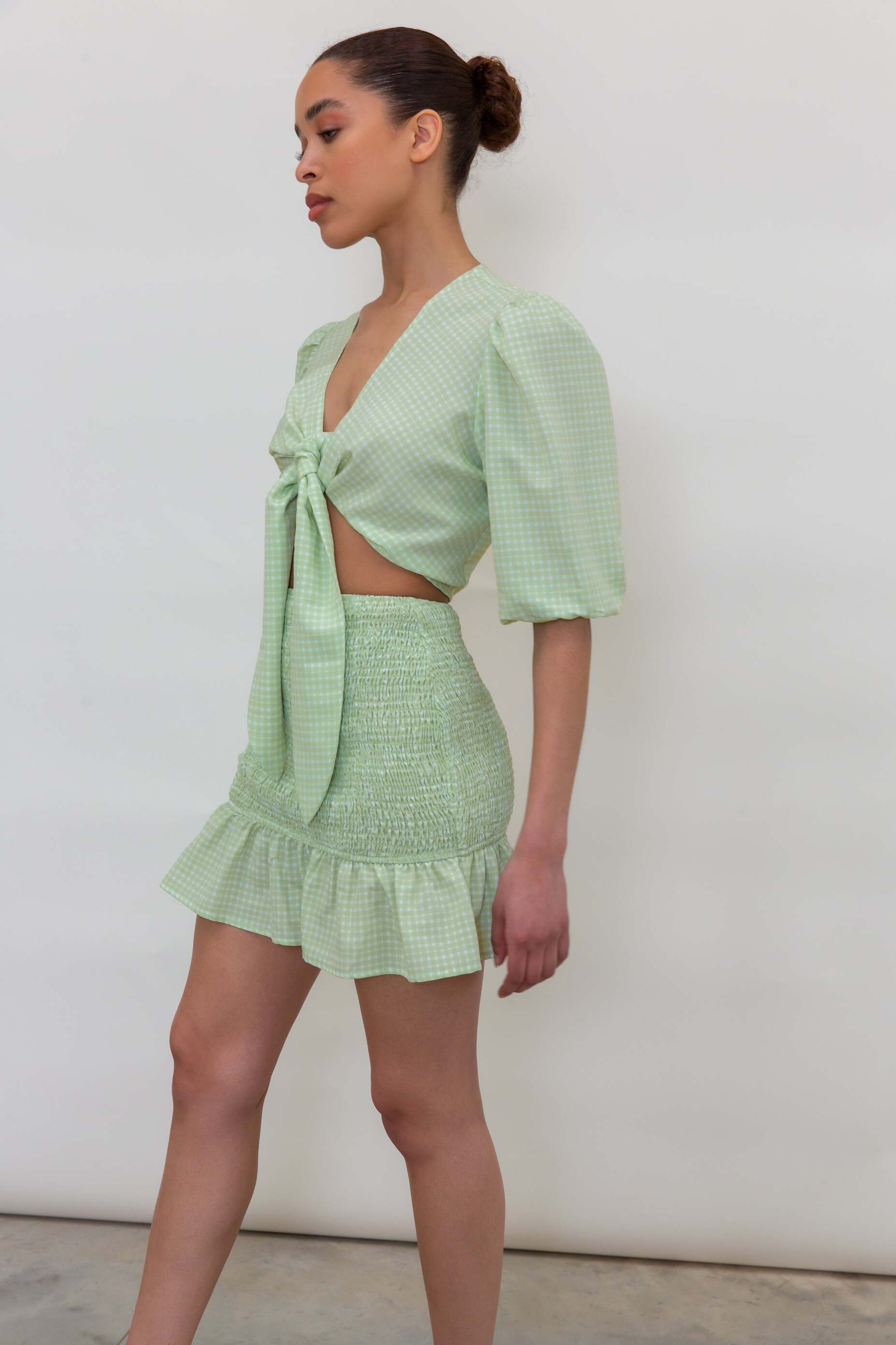 Jocie Shirred Mini Skirt - Green Gingham, 12