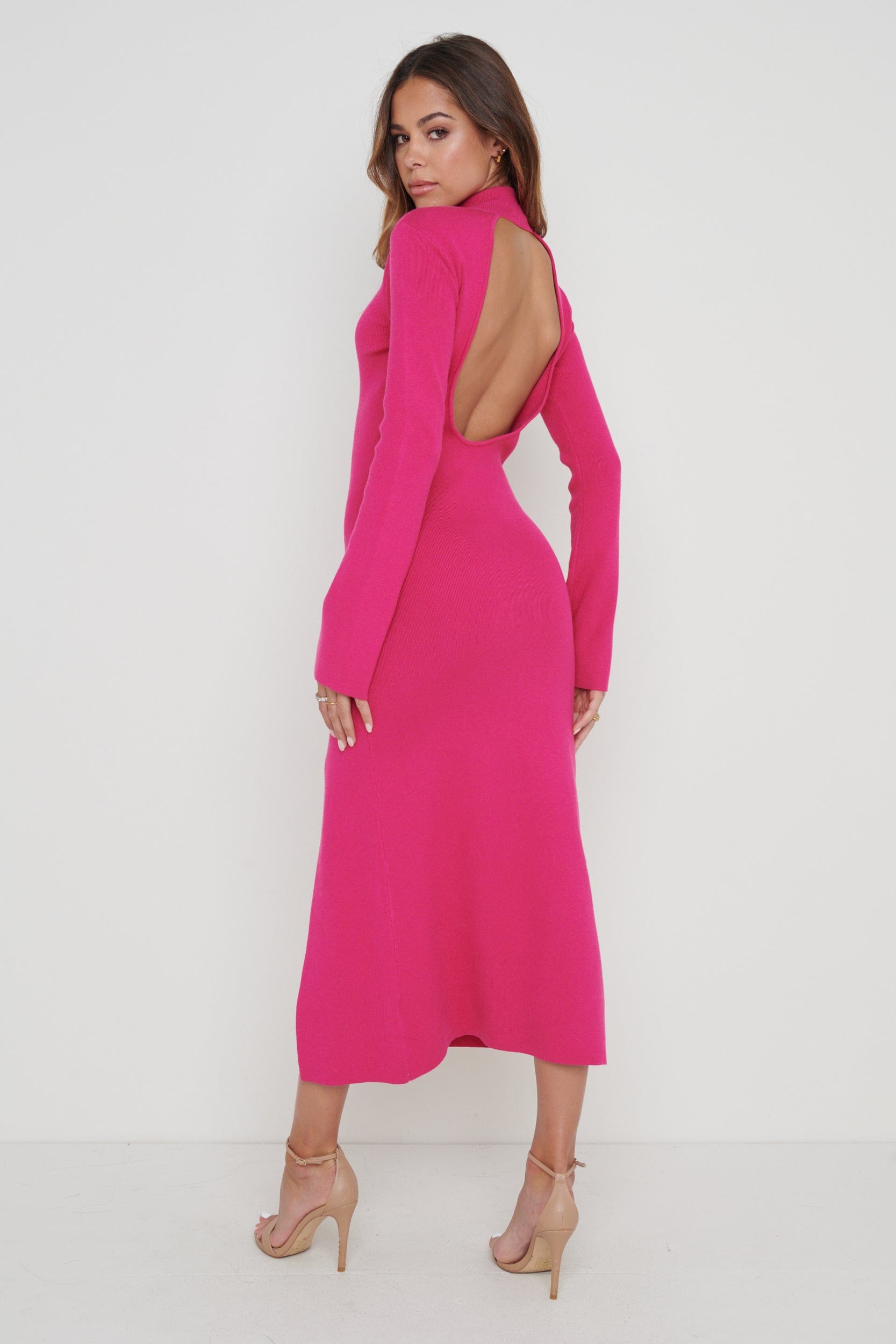 Brielle High Neck Midaxi Knit Dress - Pink, L
