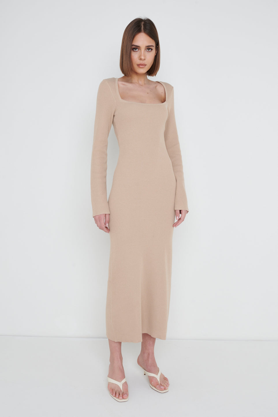 Brooklyn Square Neck Knit Dress - Beige, L