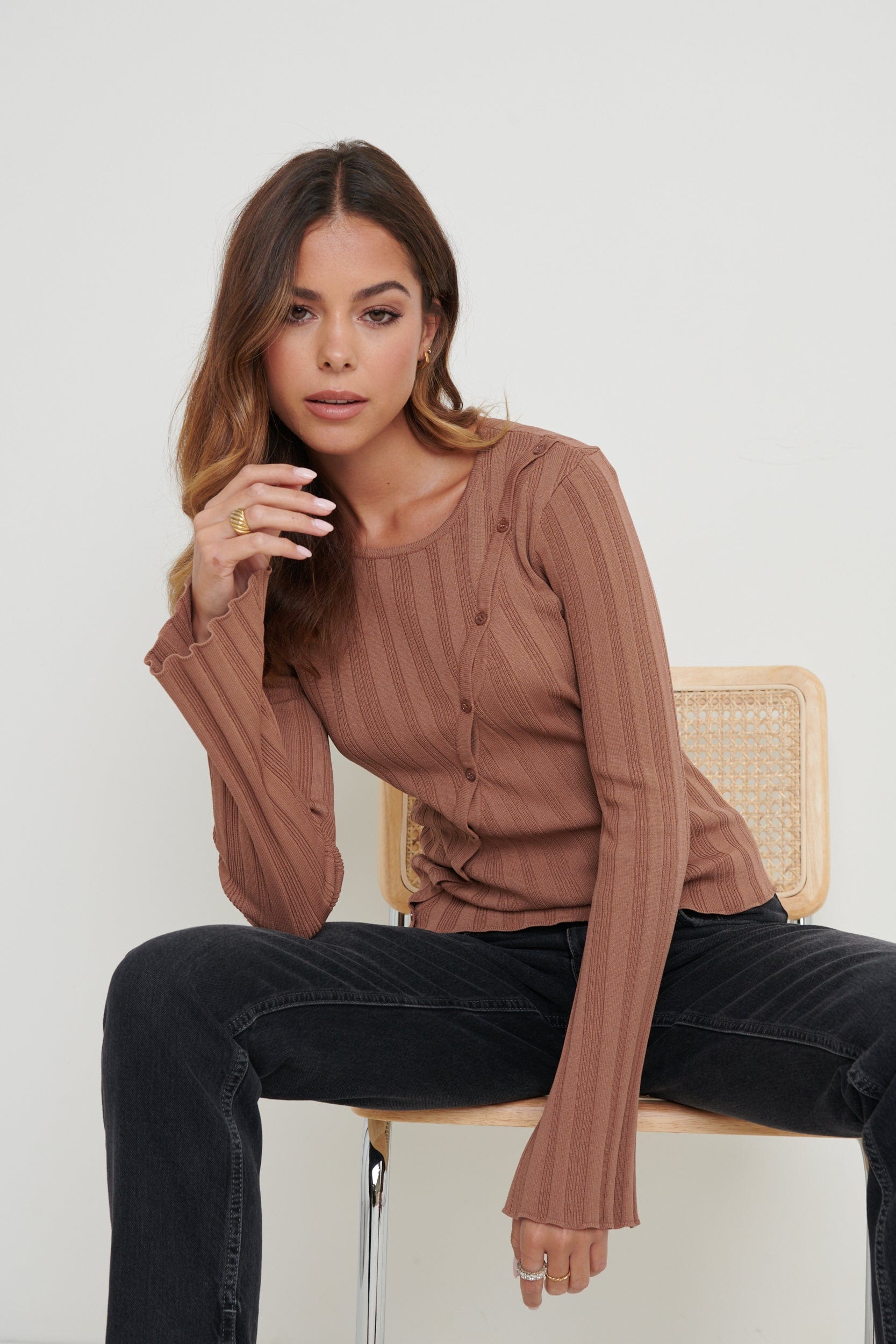 Eden Cut Out Button Knit Top - Chocolate Brown, S