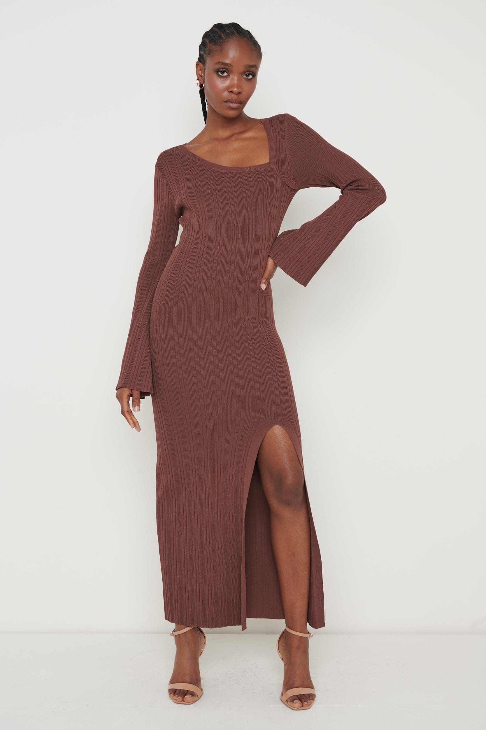Emmie Cut Out Knit Midaxi Dress - Chocolate Brown, XXL