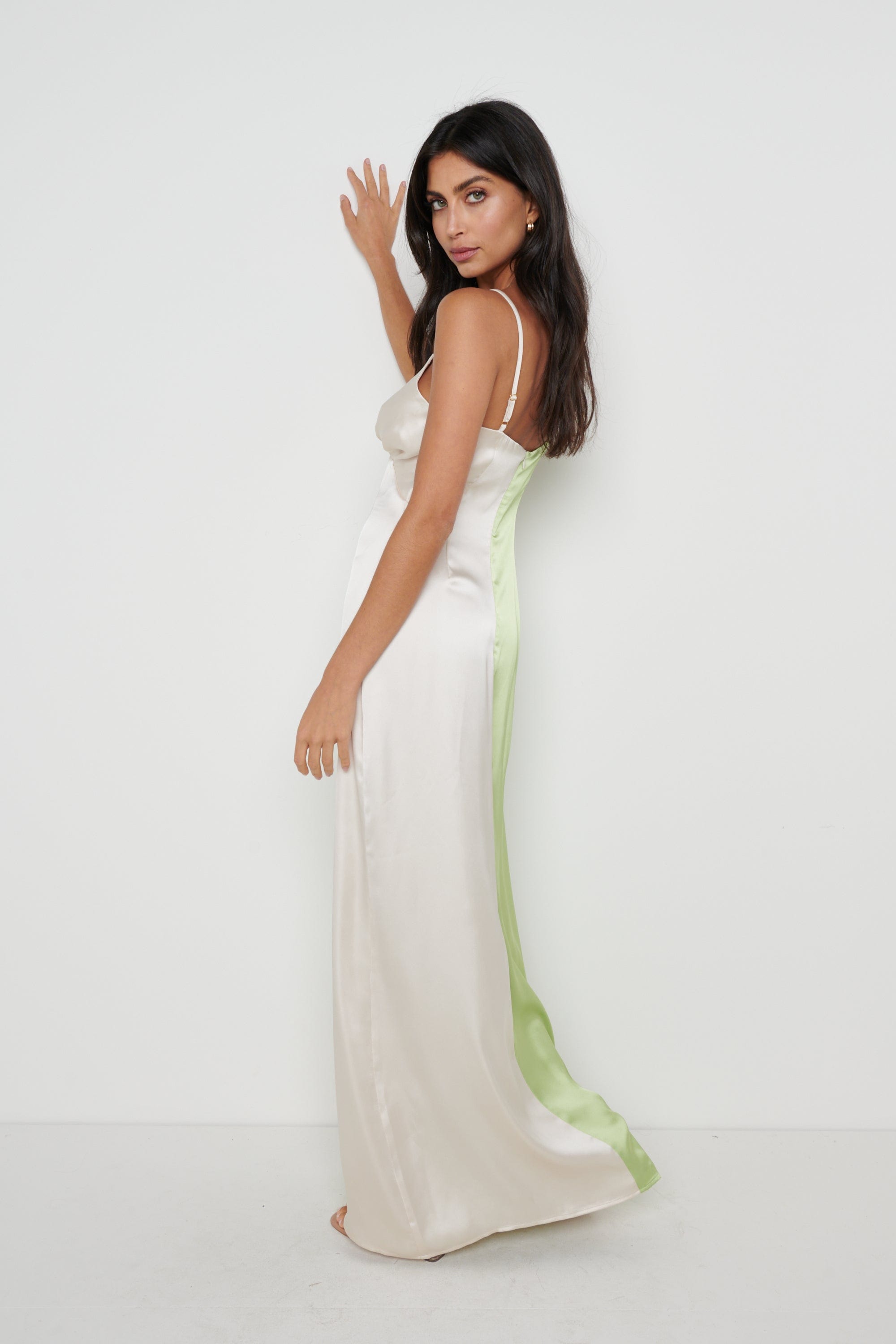 Esmee Contrast Slip Dress - Green and Oyster, 14