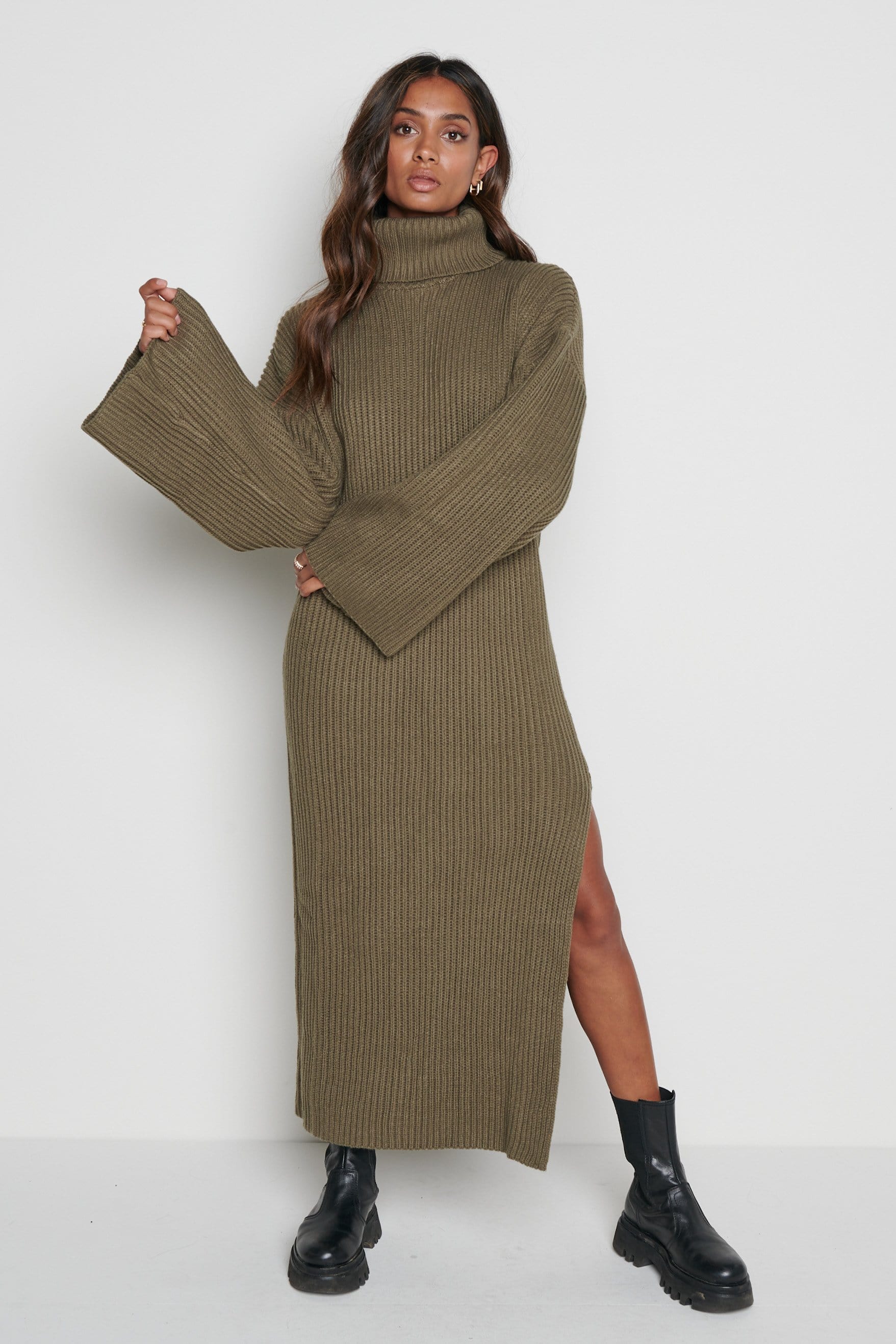 Hattie Ribbed Jumper Dress - Khaki, XXL