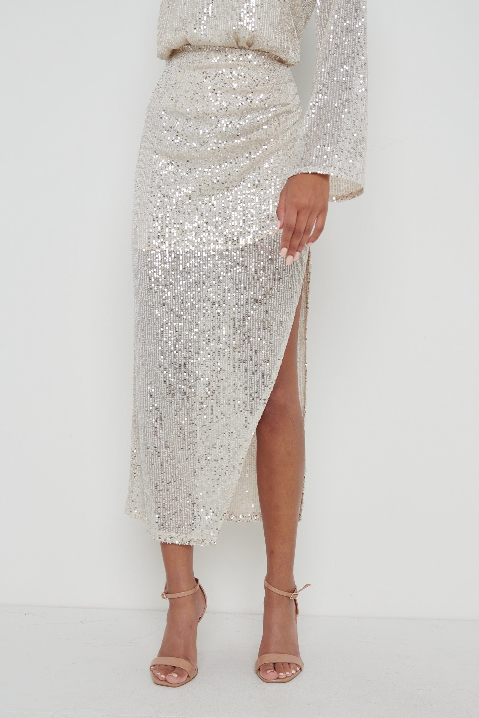 Hendrix Slit Sequin Skirt - Silver, 22