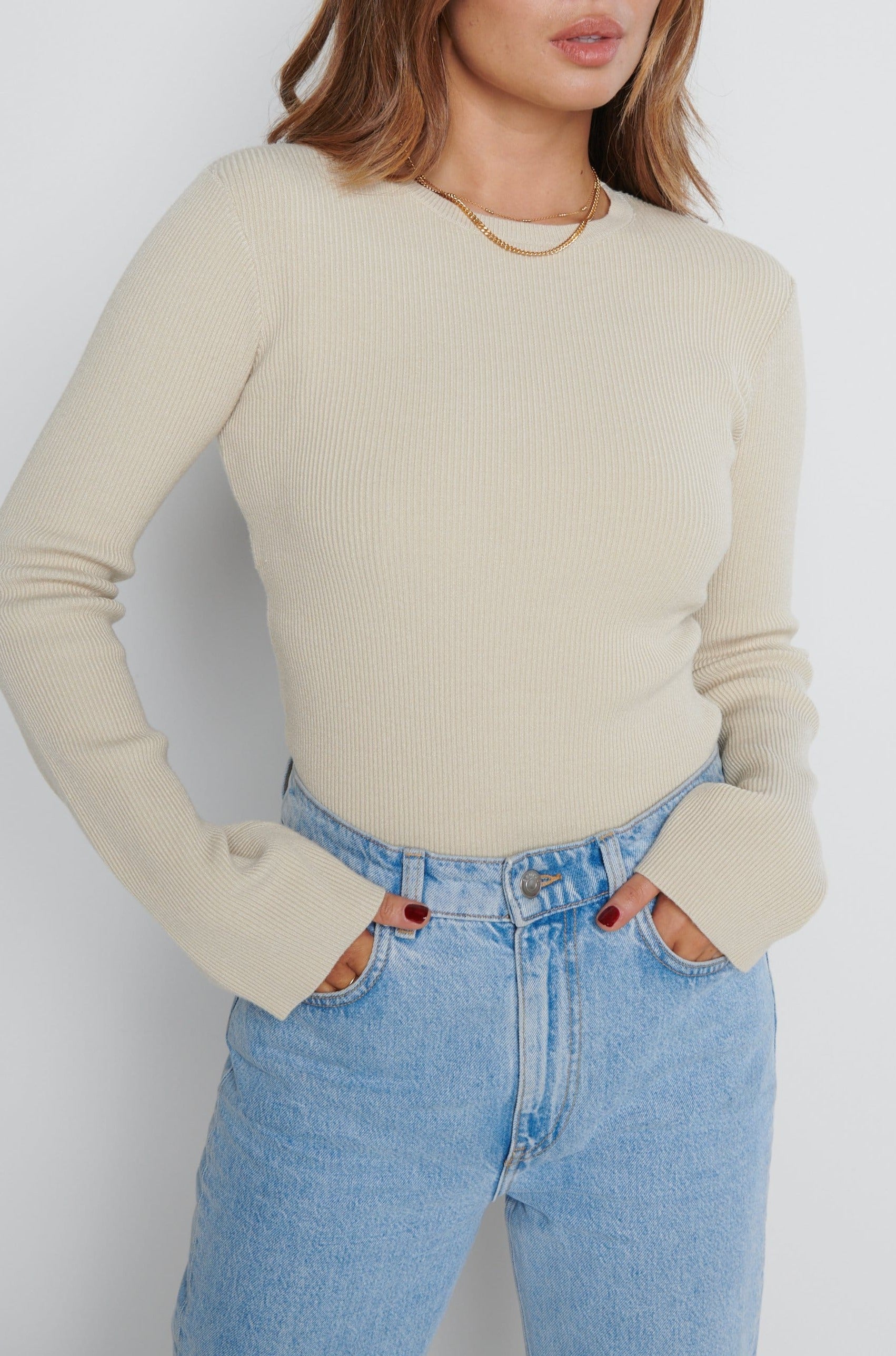 Jayla Long Sleeve Knit Top - Beige, XXL
