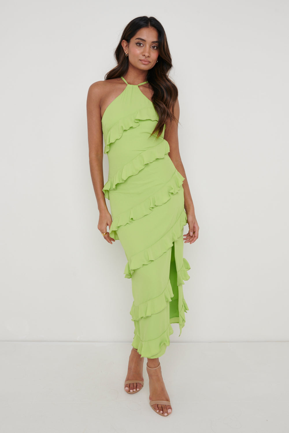 Katy Ruffle Midaxi Dress - Apple Green, 16