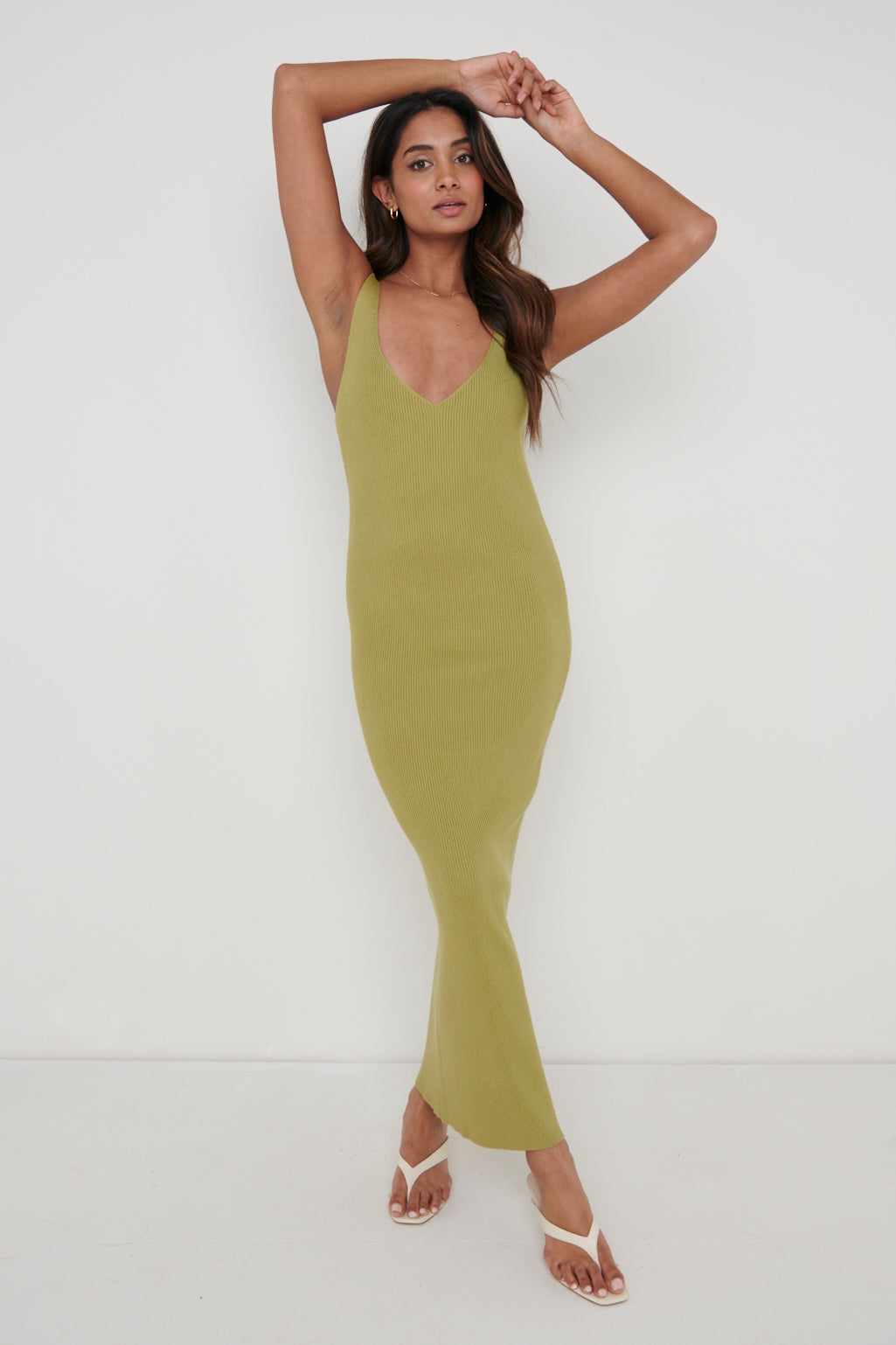 Lara Ribbed Midaxi Dress - Olive, L