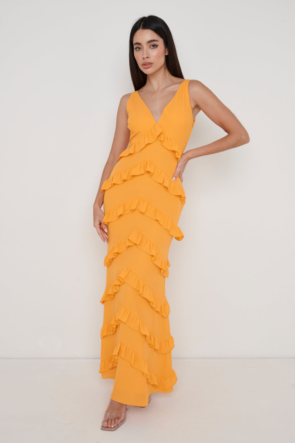 Piper Ruffle Maxi Dress - Tangerine, 14