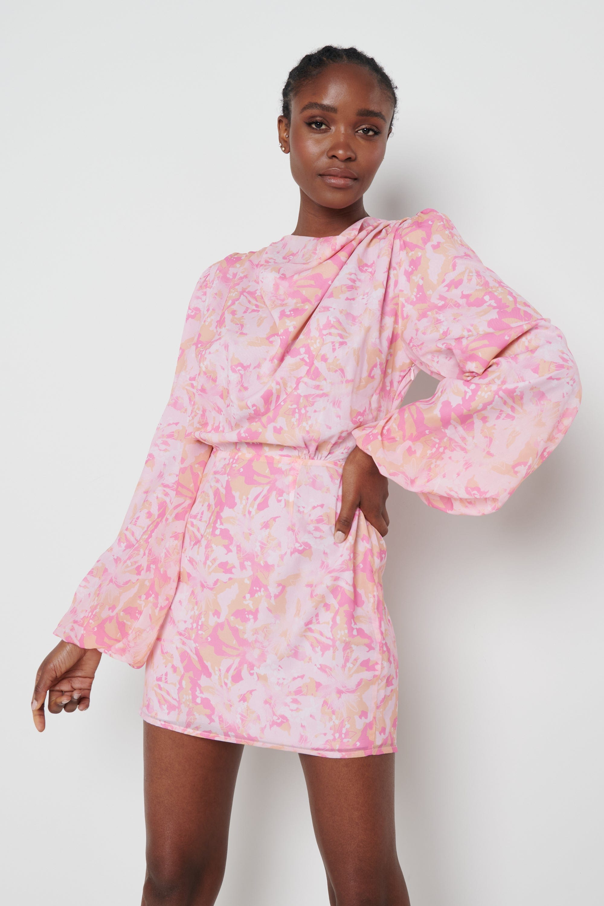 Rachel Pleated Mini Dress - Pink Abstract, 14