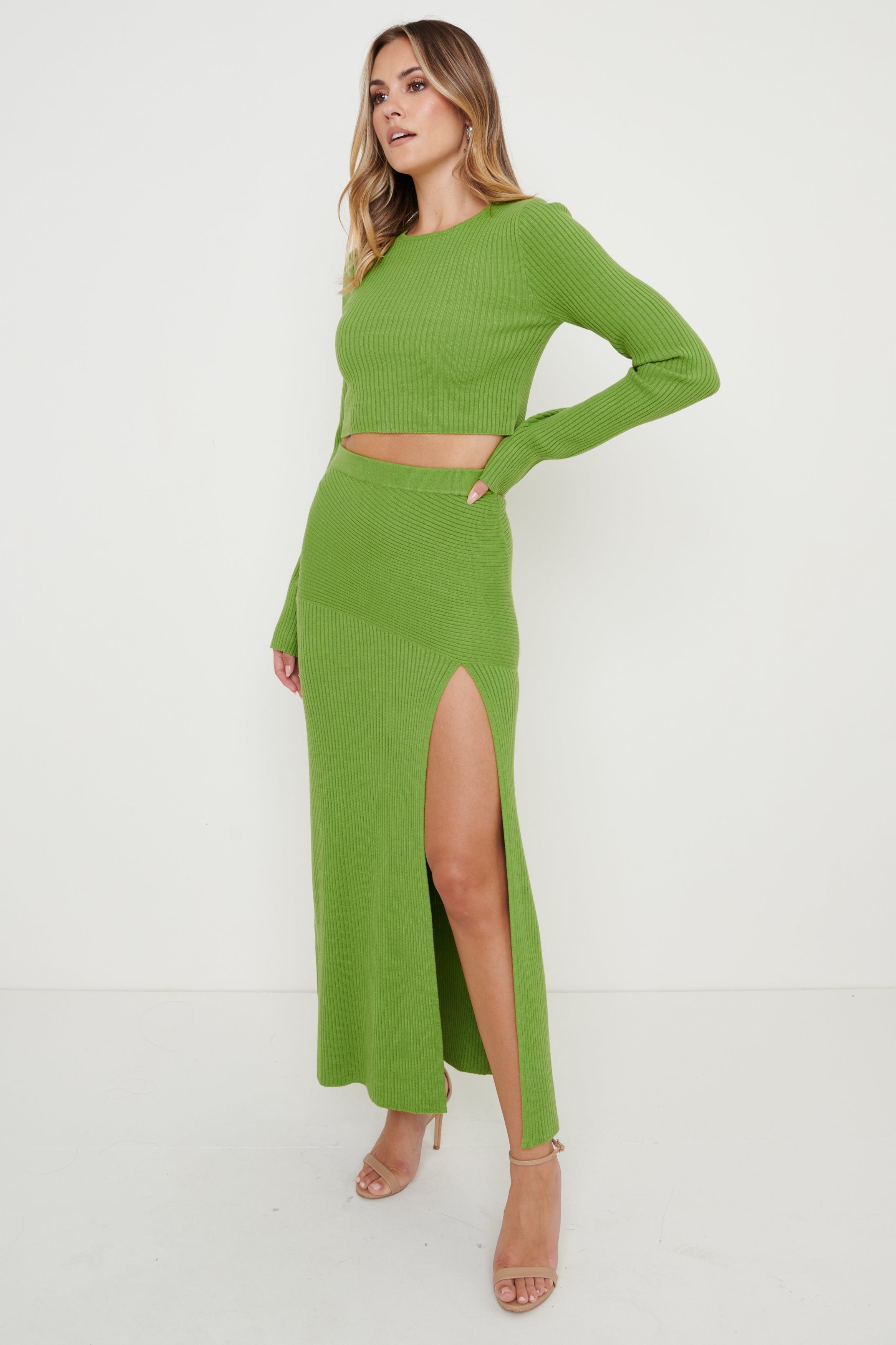 Sofia Asymmetric Knit Skirt - Green, XS