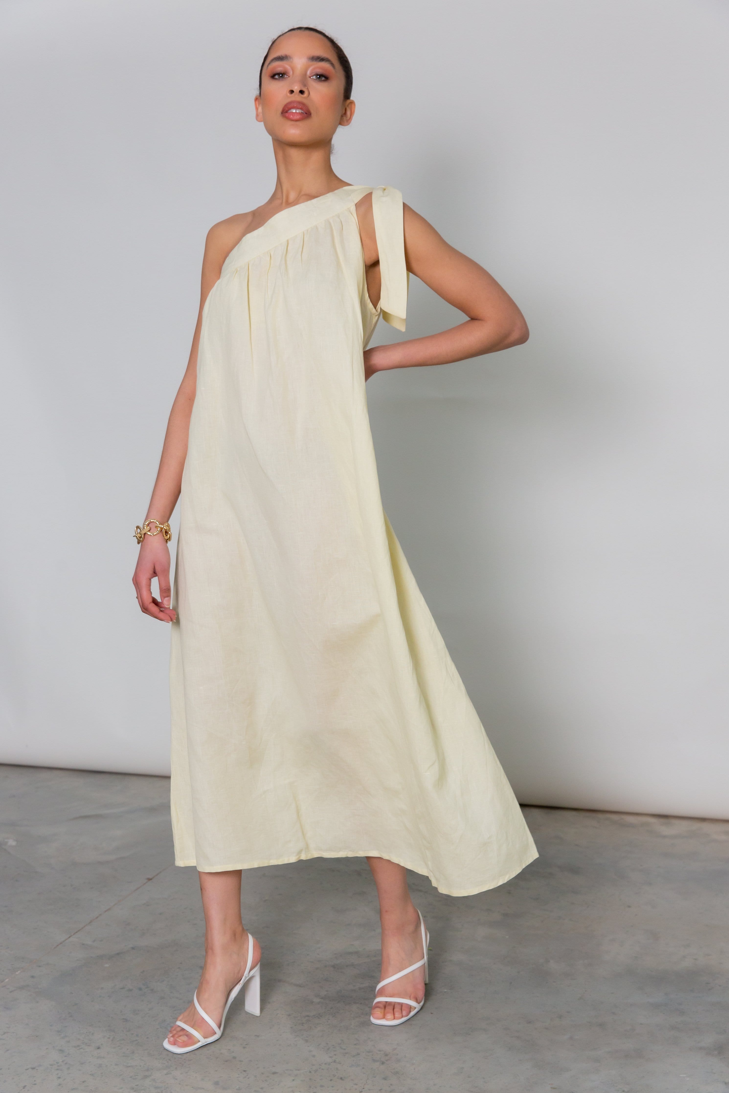 Oria One Shoulder Midi Dress - Lemon Yellow, L