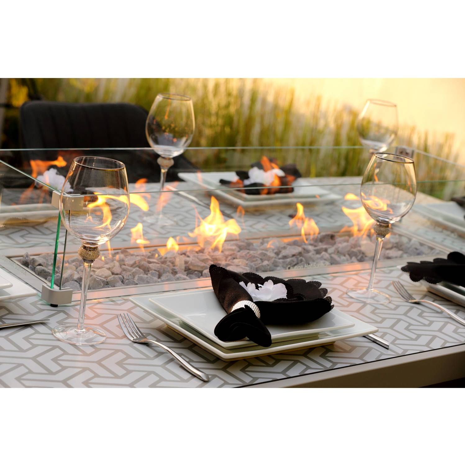K Designs Mambo Garden Furniture Santorini Grey 6 Seat Rectangular Fire Pit Bar Set with Metal Arms - Garden Furniture House