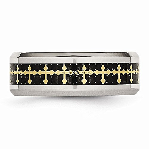 Mens Stainless Steel Polished Carbon Fiber/Yellow IP-plated Crosses Ring 