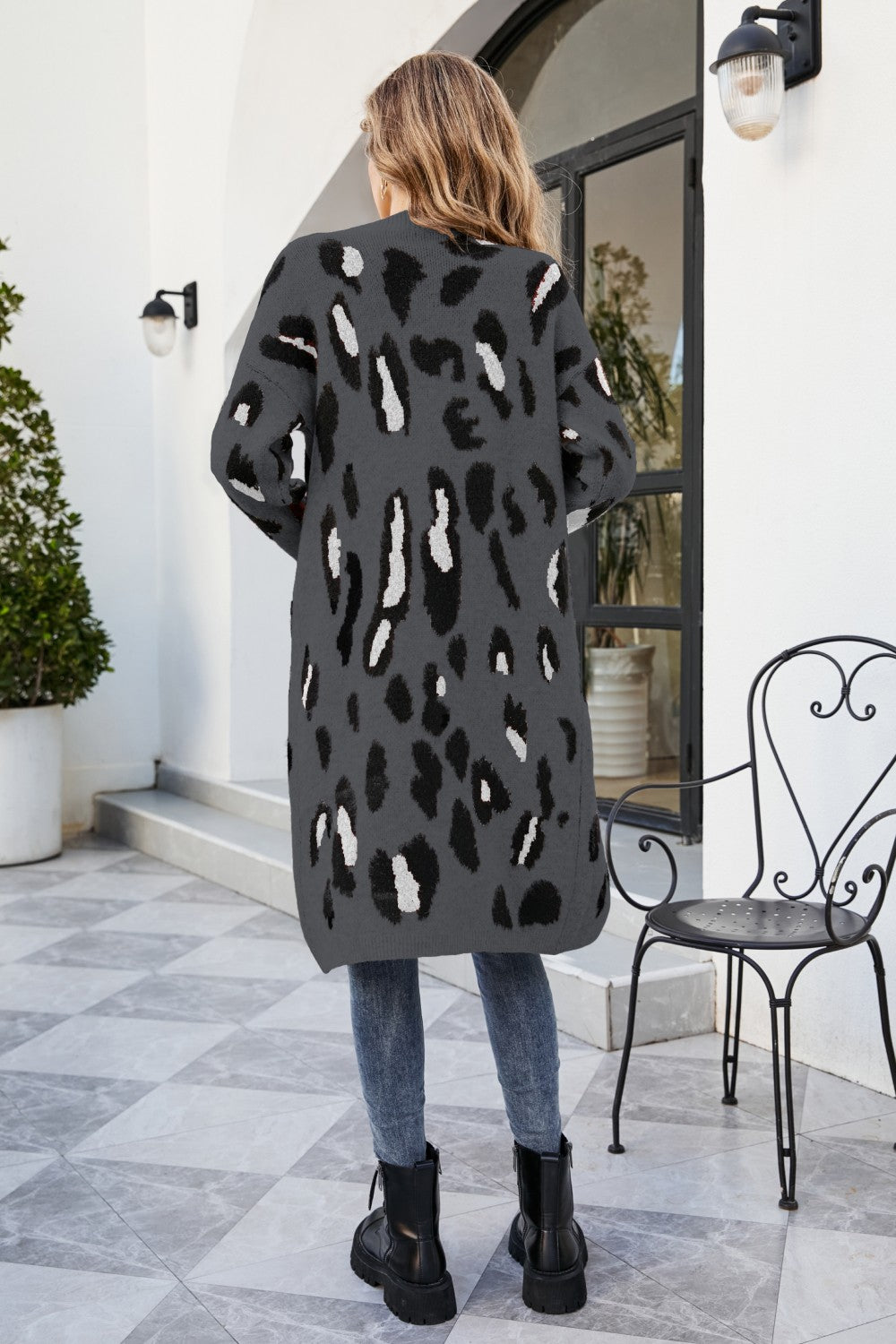 Animal Print Open Front Ribbed Trim Duster Cardigan with Pockets by Madsbay