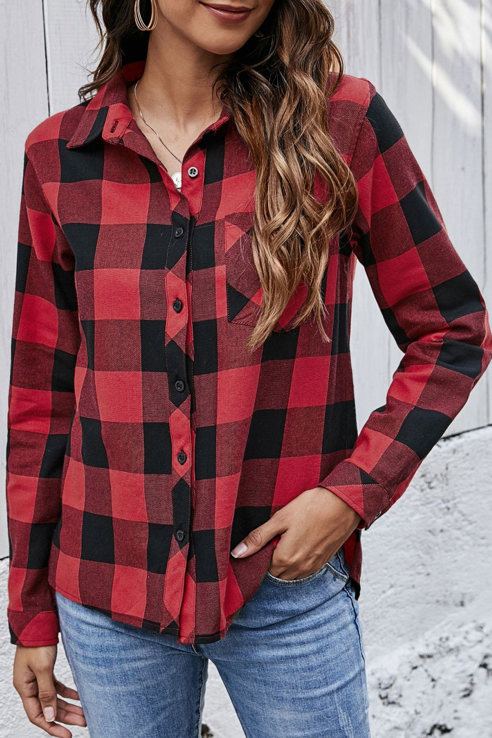 Plaid Button Up Pocket Blouse by Madsbay