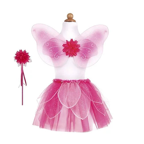Ensemble de Fée fuschia ailes, jupe et baguette.