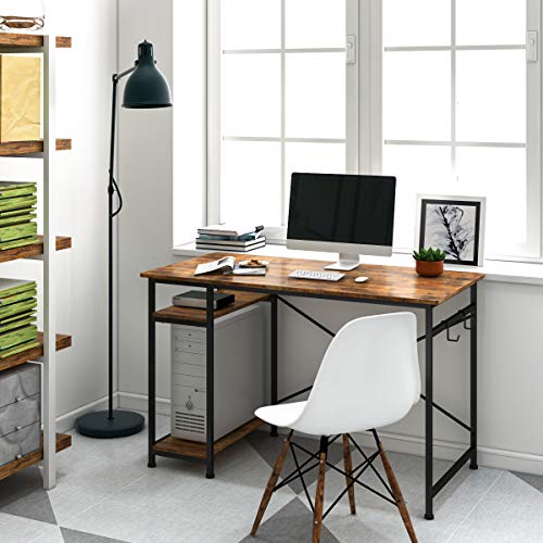 Engriy Computer Desk with 4 Tier Shelves for Home Office Multipurpose Modern Wood Desk Workstation with Metal Frame for PC Laptop Walnut Black 47 Writing Study Table with Bookshelf and 2 Hooks 
