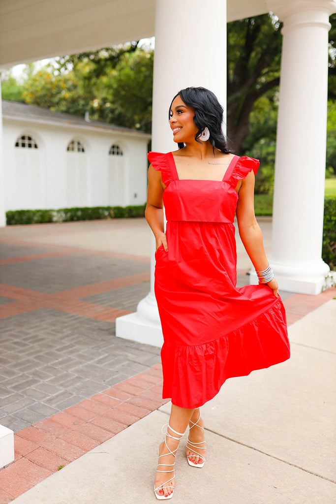 Select Sustainable Wearable Women's Apparel,Women, T-Shirts & Tops, Tank Tops - Clothing Shop OnlineBeverly Ruffle Sleeve Midi Dress - Red