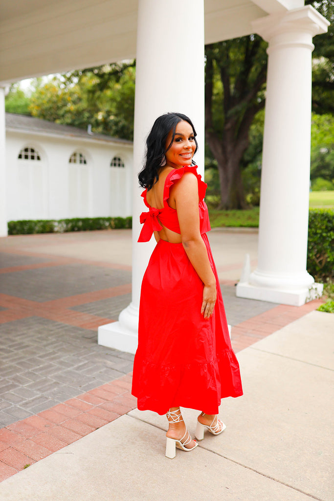 Select Sustainable Wearable Women's Apparel,Women, T-Shirts & Tops, Tank Tops - Clothing Shop OnlineBeverly Ruffle Sleeve Midi Dress - Red