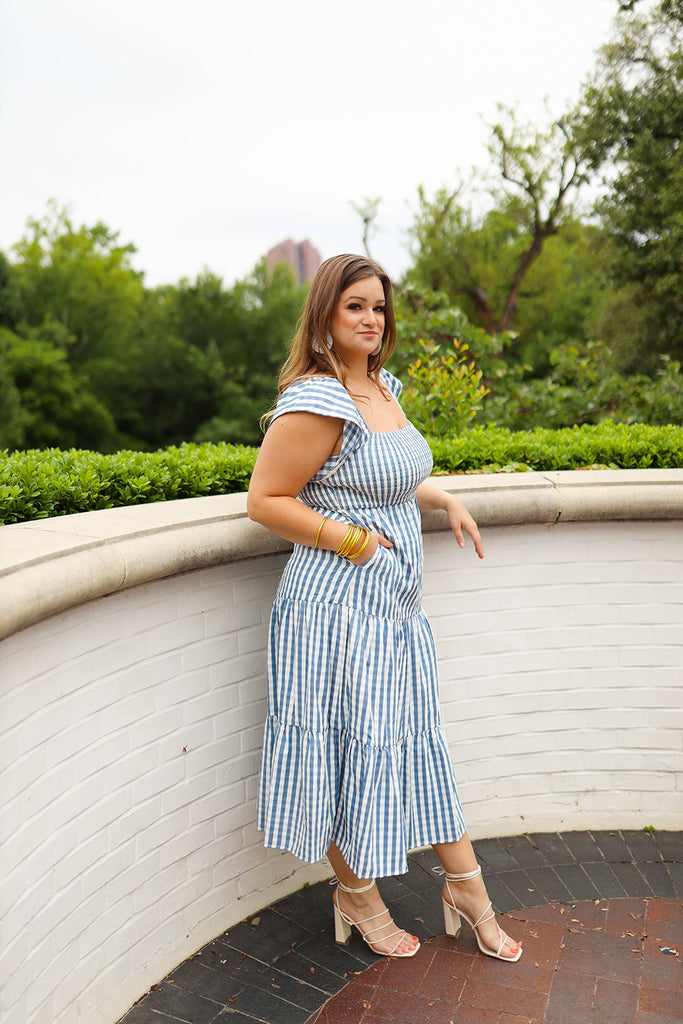 Select Sustainable Wearable Women's Apparel,Women, T-Shirts & Tops, Tank Tops - Clothing Shop OnlineBrynn Ruffle Shoulder Midi Dress - Blue Checker