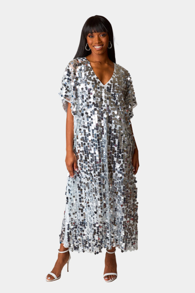 Select Sustainable Wearable Women's Apparel,Women, T-Shirts & Tops, Tank Tops - Clothing Shop OnlineAtlas Sequin Caftan Maxi Dress - Overcast