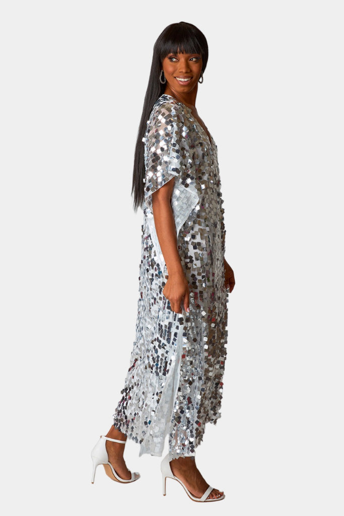 Select Sustainable Wearable Women's Apparel,Women, T-Shirts & Tops, Tank Tops - Clothing Shop OnlineAtlas Sequin Caftan Maxi Dress - Overcast