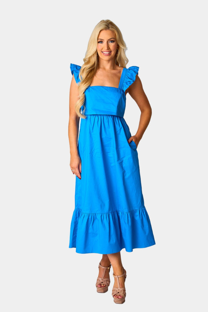 Select Sustainable Wearable Women's Apparel,Women, T-Shirts & Tops, Tank Tops - Clothing Shop OnlineBeverly Ruffle Sleeve Midi Dress - Cobalt