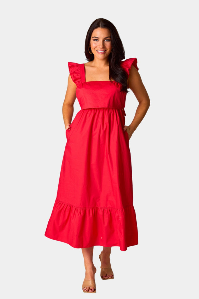 Select Sustainable Wearable Women's Apparel,Women, T-Shirts & Tops, Tank Tops - Clothing Shop OnlineBeverly Ruffle Sleeve Midi Dress - Red