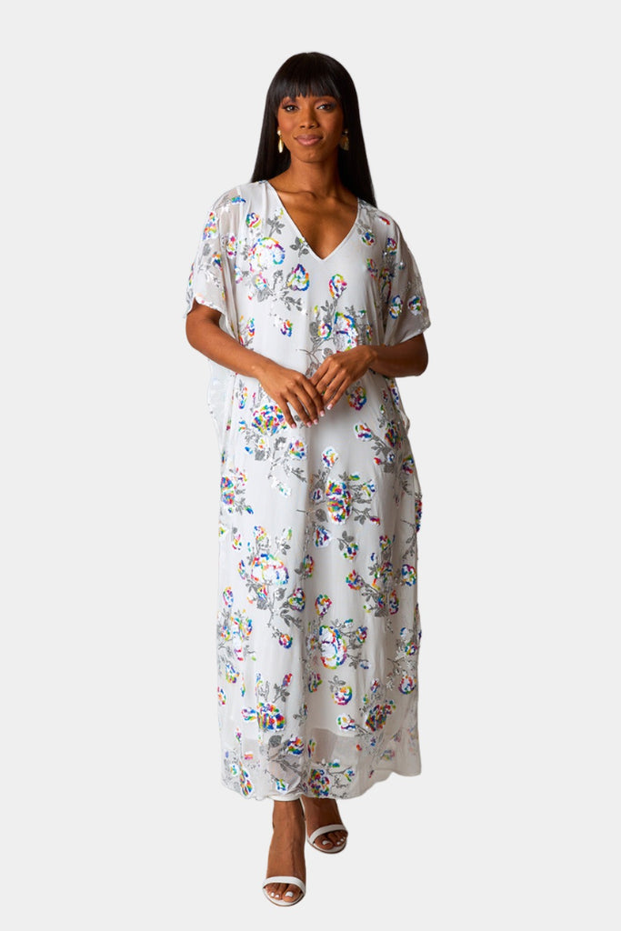 Select Sustainable Wearable Women's Apparel,Women, T-Shirts & Tops, Tank Tops - Clothing Shop OnlineAtlas Sequin Caftan Maxi Dress - White Sangria