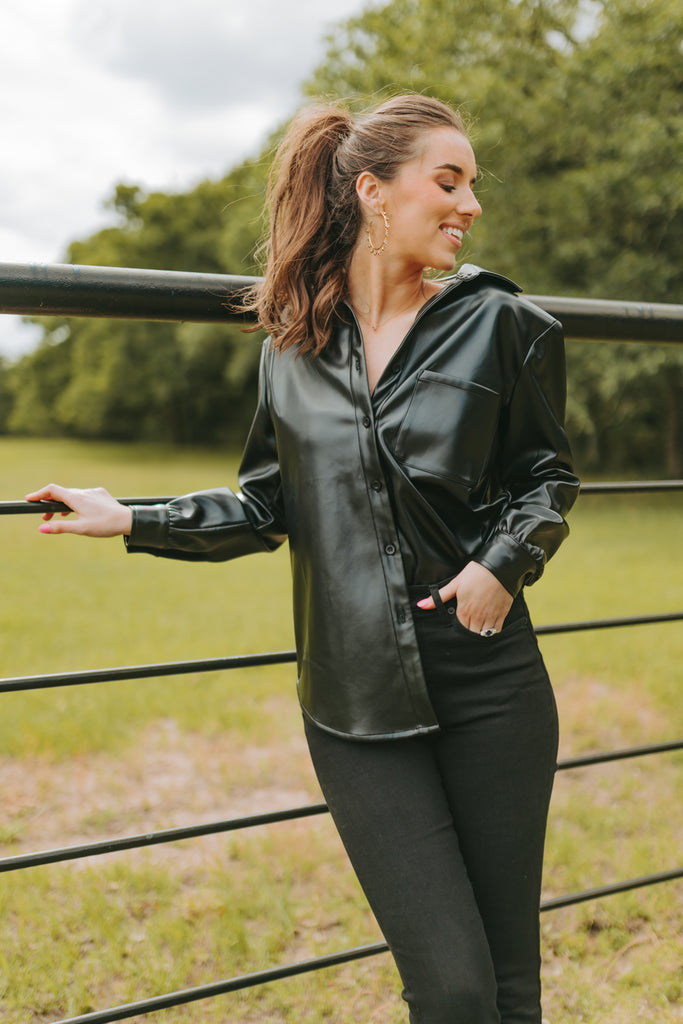 Select Sustainable Wearable Women's Apparel,Women, T-Shirts & Tops, Tank Tops - Clothing Shop OnlineBrielle Vegan Leather Button Up Top - Black