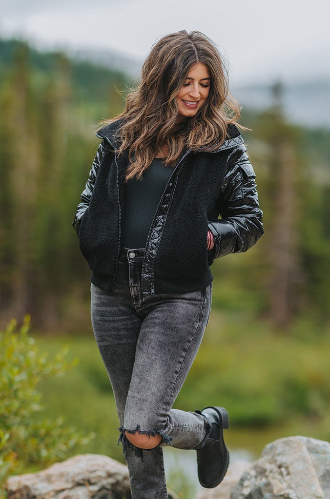 Select Sustainable Wearable Women's Apparel,Women, T-Shirts & Tops, Tank Tops - Clothing Shop OnlineBrody Sherpa Jacket with Patent Sleeves -Black