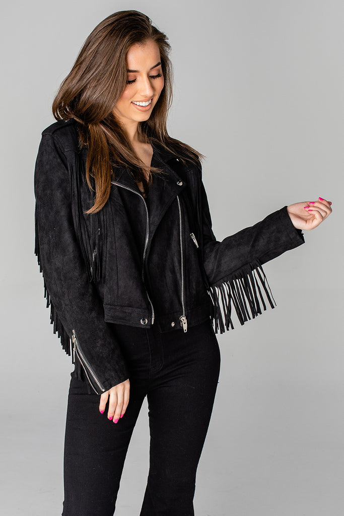 Select Sustainable Wearable Women's Apparel,Women, T-Shirts & Tops, Tank Tops - Clothing Shop OnlineFrancesca Fringe Suede Jacket - Night