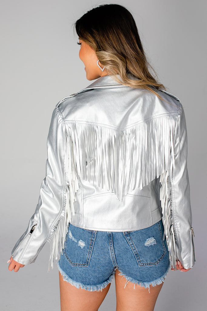 Select Sustainable Wearable Women's Apparel,Women, T-Shirts & Tops, Tank Tops - Clothing Shop OnlineFrancesca Fringe Vegan Leather Jacket - Silver