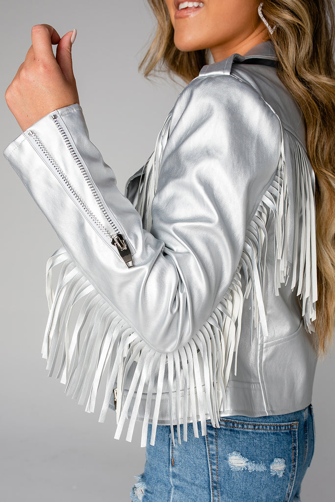 Select Sustainable Wearable Women's Apparel,Women, T-Shirts & Tops, Tank Tops - Clothing Shop OnlineFrancesca Fringe Vegan Leather Jacket - Silver
