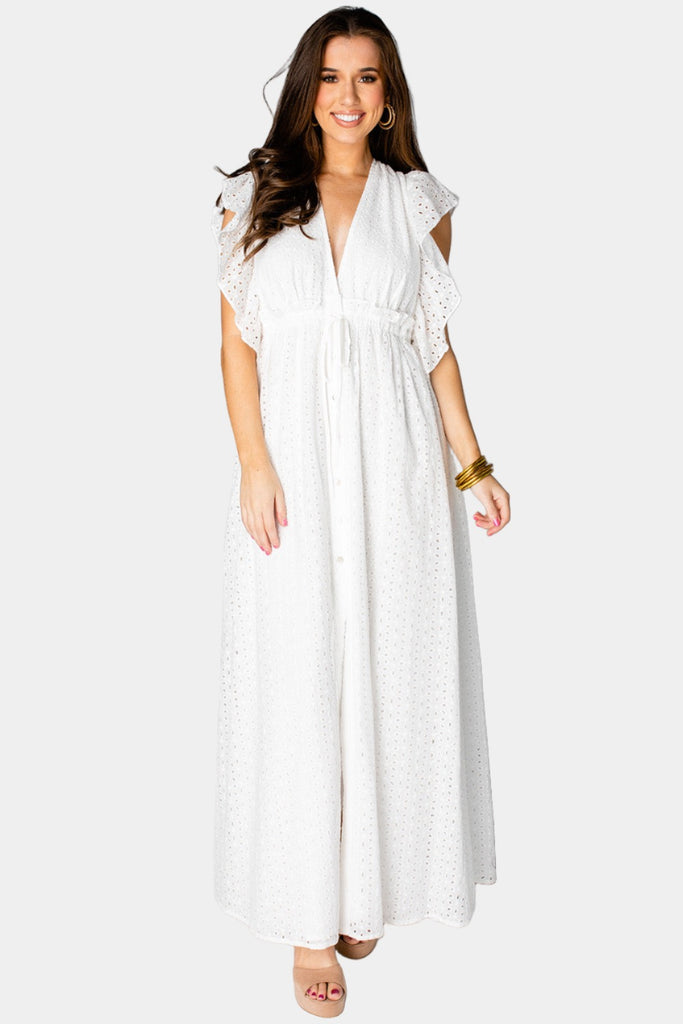Select Sustainable Wearable Women's Apparel,Women, T-Shirts & Tops, Tank Tops - Clothing Shop OnlineAmelia Ruffle Sleeve Maxi Dress - White Eyelet