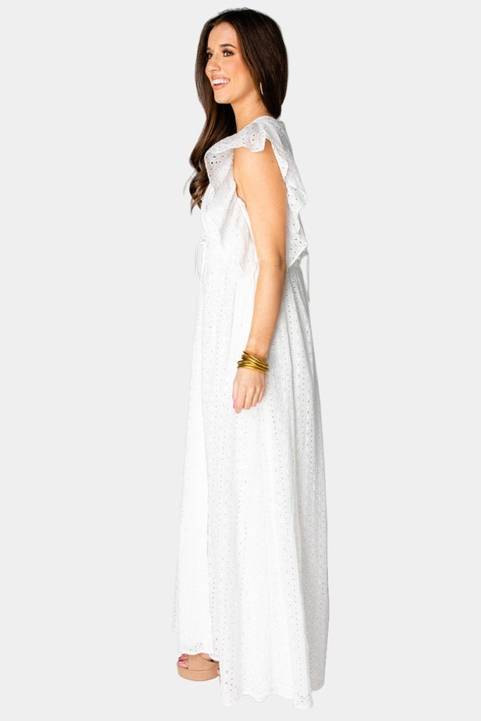 Select Sustainable Wearable Women's Apparel,Women, T-Shirts & Tops, Tank Tops - Clothing Shop OnlineAmelia Ruffle Sleeve Maxi Dress - White Eyelet