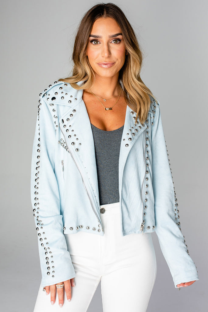 Select Sustainable Wearable Women's Apparel,Women, T-Shirts & Tops, Tank Tops - Clothing Shop OnlineMick Studded Suede Jacket - Baby Blue