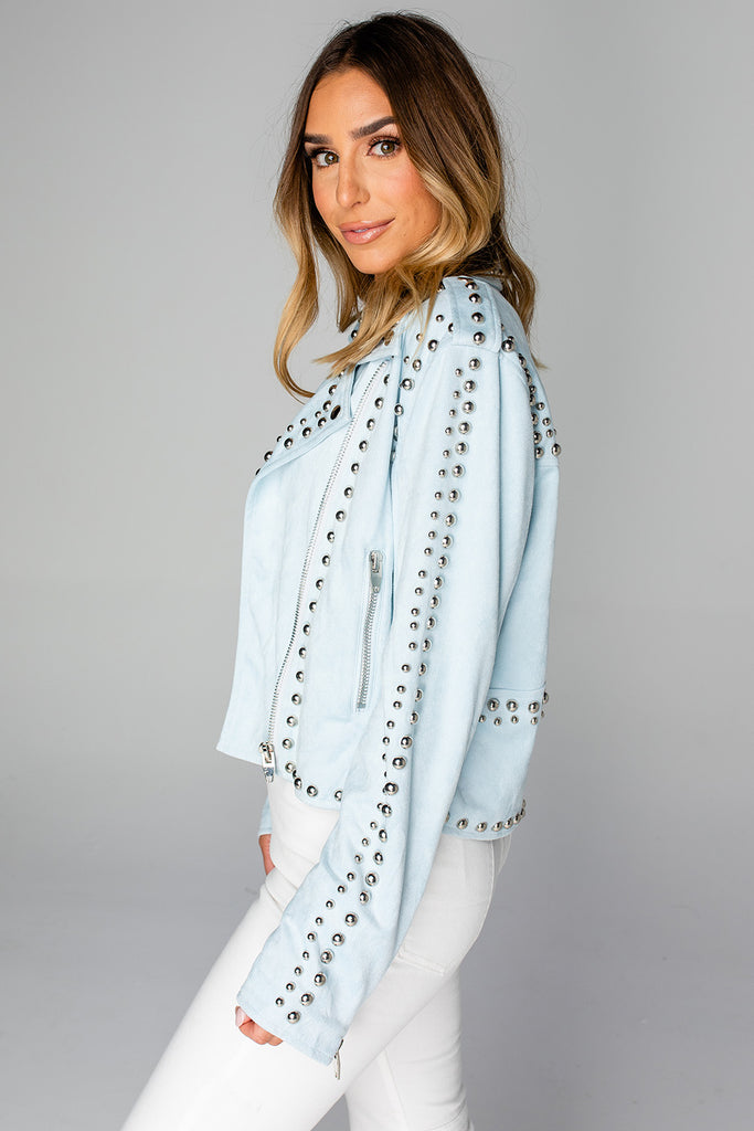 Select Sustainable Wearable Women's Apparel,Women, T-Shirts & Tops, Tank Tops - Clothing Shop OnlineMick Studded Suede Jacket - Baby Blue