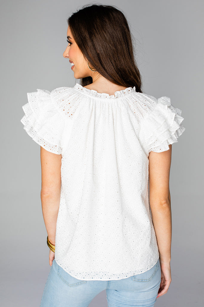 Select Sustainable Wearable Women's Apparel,Women, T-Shirts & Tops, Tank Tops - Clothing Shop OnlineCarla Ruffle Eyelet Top - White Eyelet