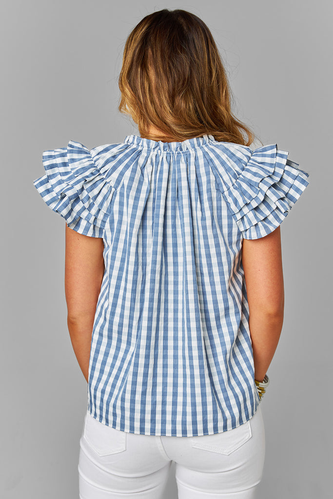 Select Sustainable Wearable Women's Apparel,Women, T-Shirts & Tops, Tank Tops - Clothing Shop OnlineCarla Ruffle Eyelet Top - Blue Checker