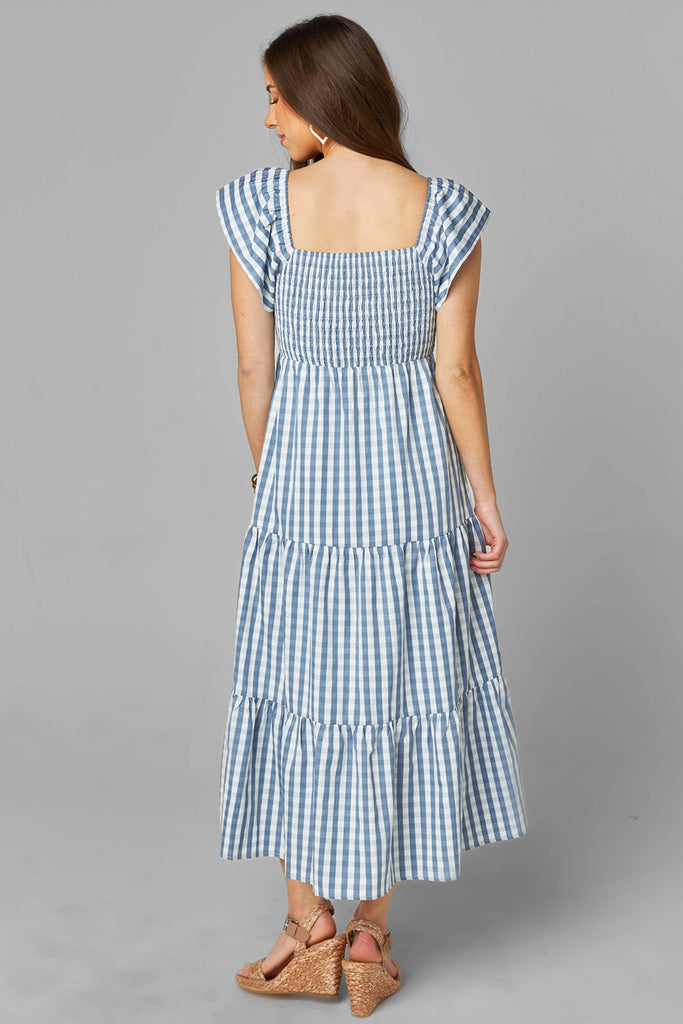 Select Sustainable Wearable Women's Apparel,Women, T-Shirts & Tops, Tank Tops - Clothing Shop OnlineBrynn Ruffle Shoulder Midi Dress - Blue Checker