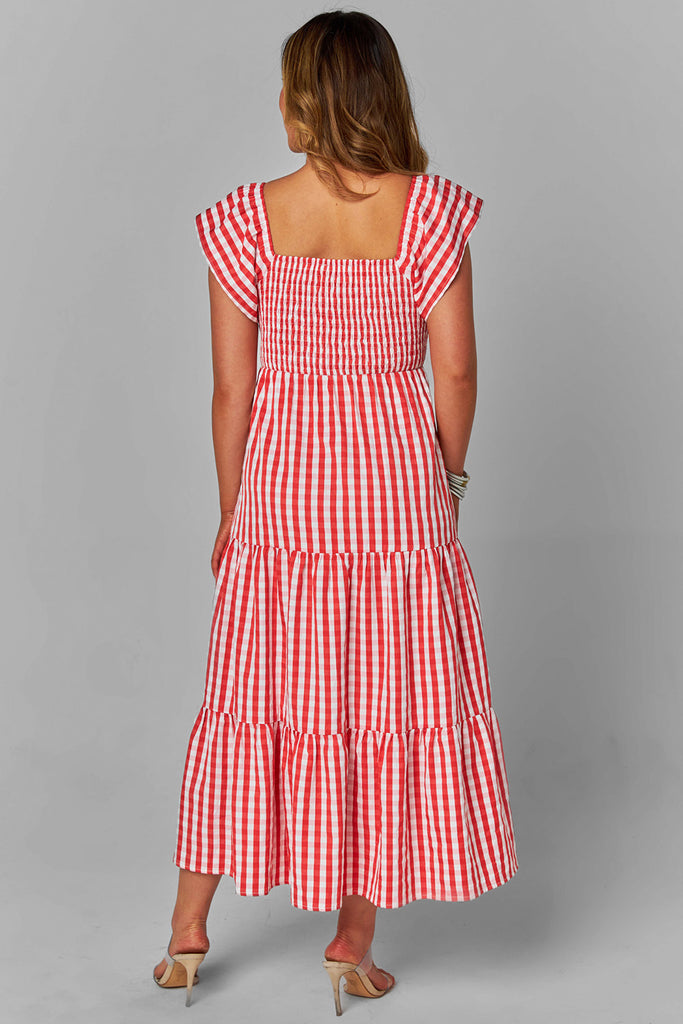 Select Sustainable Wearable Women's Apparel,Women, T-Shirts & Tops, Tank Tops - Clothing Shop OnlineBrynn Ruffle Shoulder Midi Dress - Red Checker