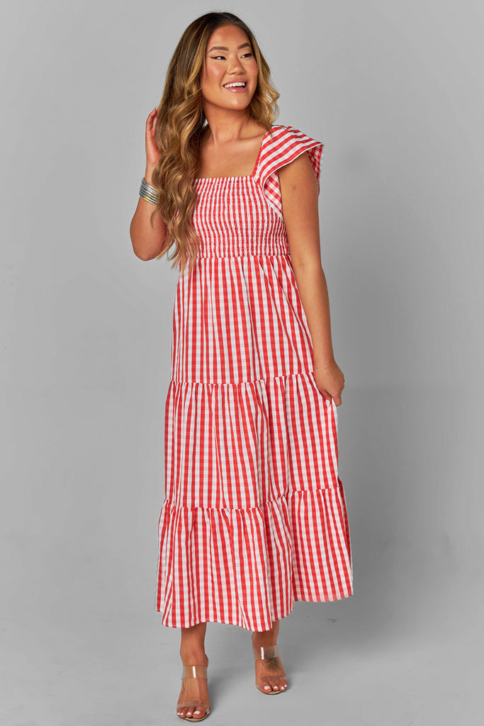 Select Sustainable Wearable Women's Apparel,Women, T-Shirts & Tops, Tank Tops - Clothing Shop OnlineBrynn Ruffle Shoulder Midi Dress - Red Checker