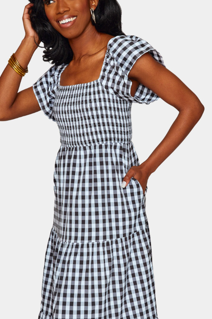 Select Sustainable Wearable Women's Apparel,Women, T-Shirts & Tops, Tank Tops - Clothing Shop OnlineBrynn Ruffle Shoulder Midi Dress - Black Checker