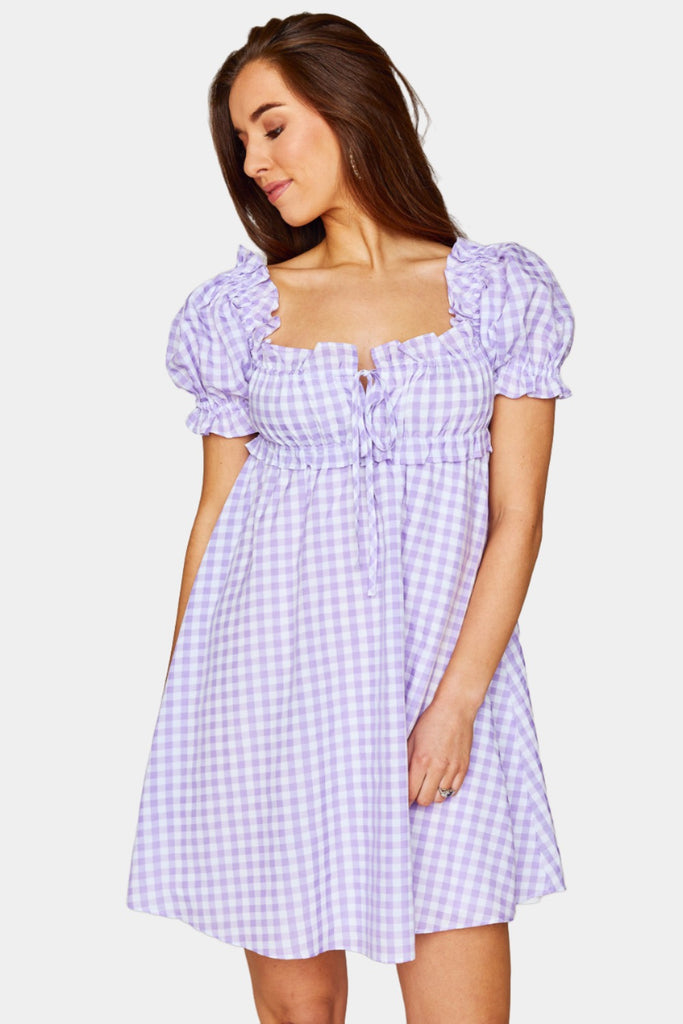 Select Sustainable Wearable Women's Apparel,Women, T-Shirts & Tops, Tank Tops - Clothing Shop OnlineJac Puff Sleeve Short Dress - Purple Plaid